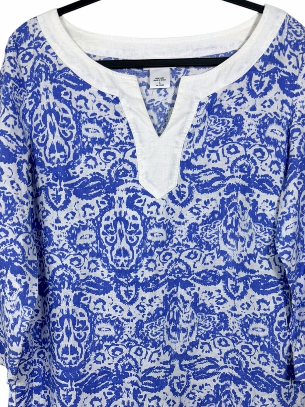 Kate Hill 100% Linen Blue White Print Split Neck Tunic Top L - Picture 3 of 7